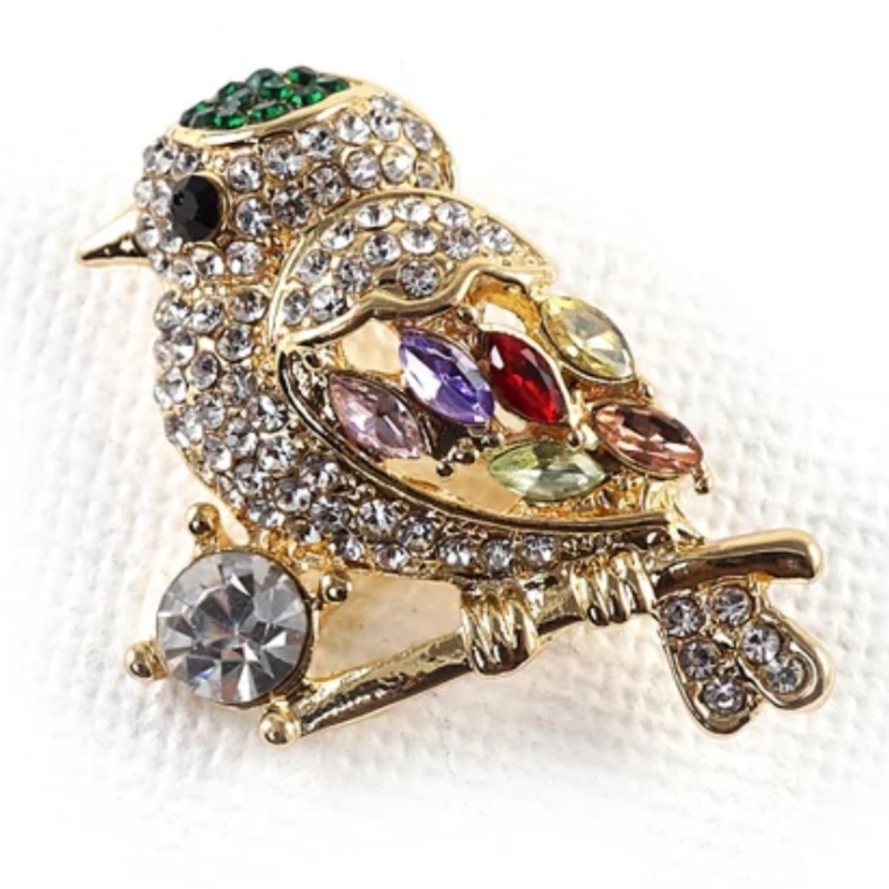Vintage Charming Magpie Bird Brooch Gold Shiny Rhinestone Clothing Lapel Unisex